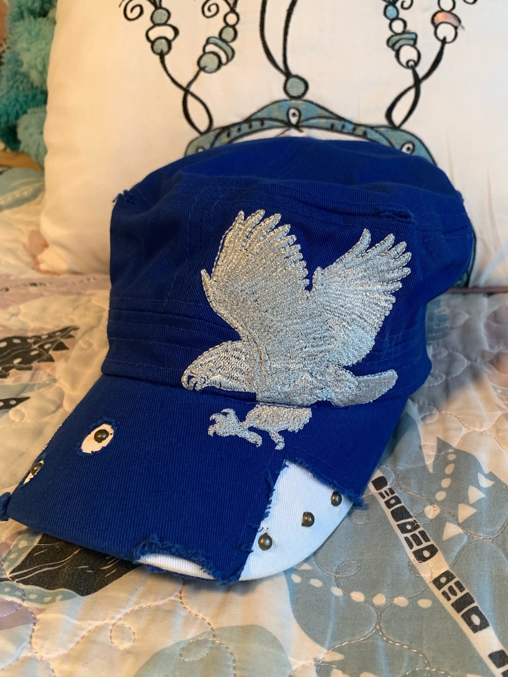 Women's Royal Blue Military Cap with Silver Eagle Embroidery